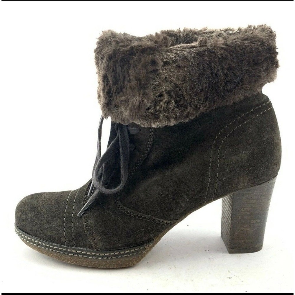 Gabor Brown Suede Faux Fur Trim Lace Up Ankle Boots Block Heel Womens 9.5 / DE 7